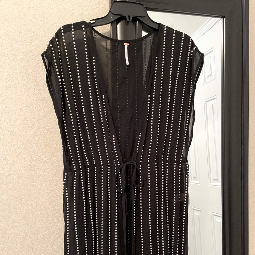 Free People sheer black Kimono / Duster with Pearl embellishments